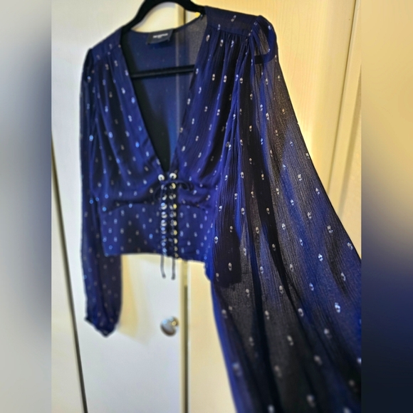 The Kooples Tops - The Kooples Navy Blue Cosmic Dots Sheer lace-up bodice Long-sleeved Top SzM = 6